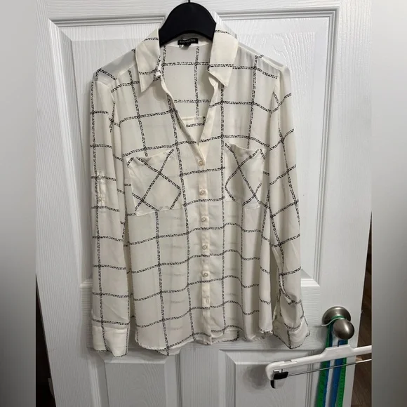 Express Portofino Ivory Black Windowpane Blouse M button up shirt semi sheer - Picture 1 of 7